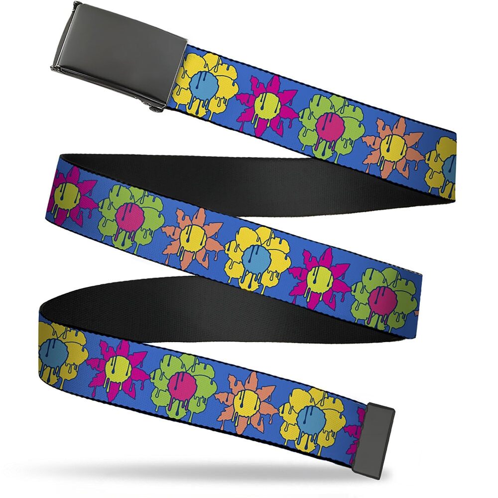 2525 Web Belt Blank Black Buckle - Funky Flower Drip Blue/Multi Color
